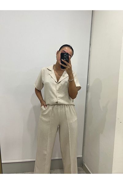 by-deryaaydin Linen Blended Elastic Loose Fit Pants-Shirt Set Stone Color