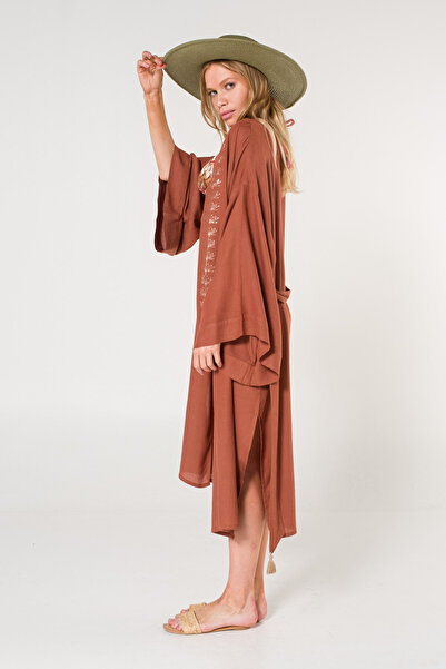 Miespiga Cinnamon Color Women's Kimono - Sequin Printed, Tassel Detailed, Belted Beach Dress