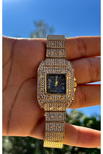 Gold Power Lüks Taşlı Metal Kordon Kadın Takvimli Romen Rakamlı Kol Saati