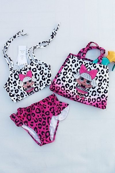 uz shop Φούξια ροζ κοριτσίστικο σετ μπικίνι με στάμπα λεοπάρ παραλίας με τσάντα