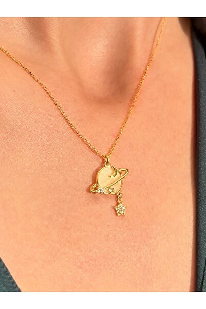 U ADİEU GOLD 14 Ayar Altın Sedef Taşlı Doğal Gezegen Kolye - Şık Ve Zarif Takı