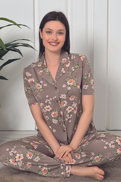 ZMT Collection women's Lycra pajamas with floral print - short sleeves and front button