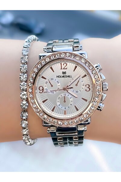holmes hill Bileklik Hediyeli Roz Gümüş Metal Kordonlu Kol Saati