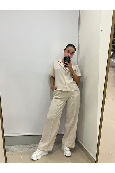 by-deryaaydin Linen Blended Elastic Loose Fit Pants-Shirt Set Stone Color