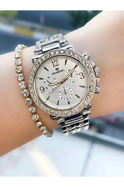 holmes hill ساعة يد معدنية فضية صفراء مع سوار هدية وأحجار