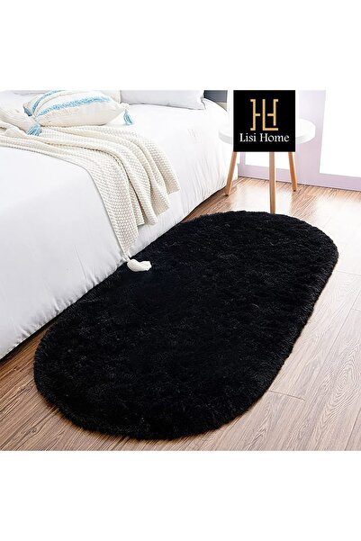 Black Oval Plush Post Soft Washable Anti-Slip Base Antibacterial Carpet