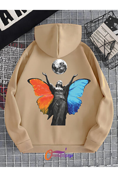 oneagılyazı Hanorac supradimensionat unisex cu glugă - imprimat cu înger și f...