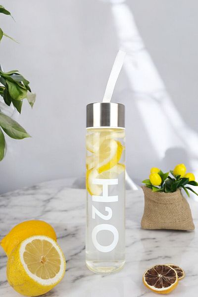 Digithome قارورة زجاجية بيضاء H2O سعة 400 مل مع غطاء معدني - H2O81455 C1-1-18