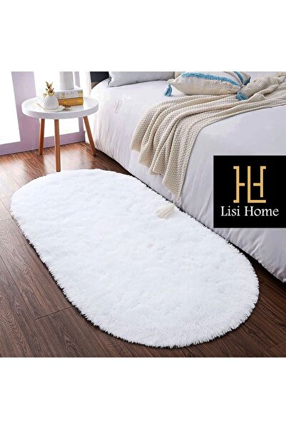 White Oval Plush Post Soft Washable Anti-Slip Base Antibacterial Carpet