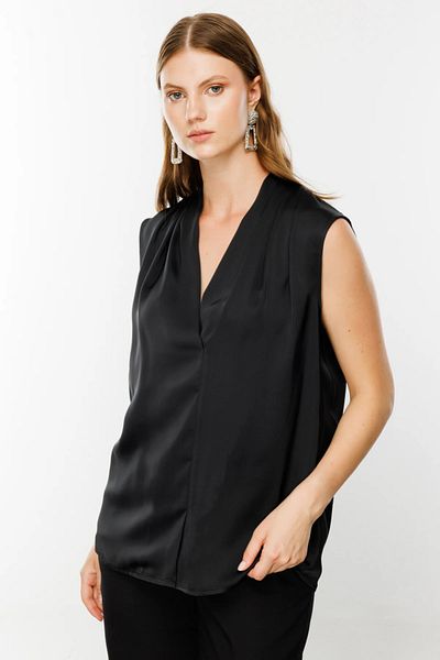 Ekol V-Neck Black Satin Women's Blouse - Plus Size 1514