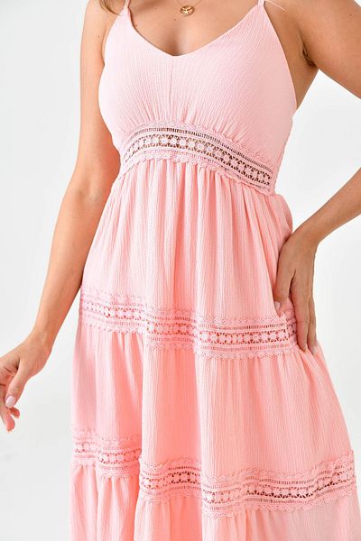 lovebox V-Neck Guipure and Elastic Design - Adjustable Strap Midi Powder Dress 10750