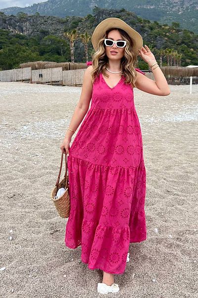 AYASOFYA OTANTIK Rochie de damă fucsia cu șireturi, căptușită cu bretele