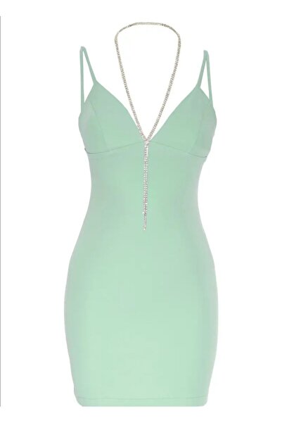 Fervente Keikei Marka Mint Yeşili Kadın Krep Kumaş Mini Gece Elbisesi,(KOLYEL...