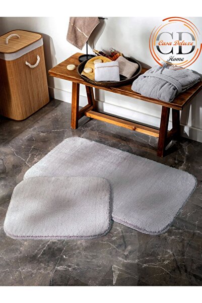 Casa Deluxe Home (100X60-60X50) 2'li Gri Peluş Post Yumuşak Yıkanabilir Banyo...
