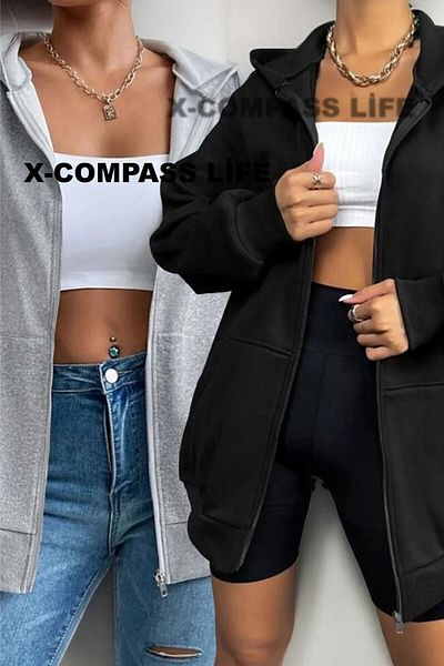 x-compass life Hooded Zippered Oversize Thick Winter Unisex Sweatshirt 2 Pack