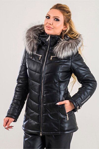 Ata Leather Sd-02 Kadın Hakiki Deri Şişme Mont Siyah Renk