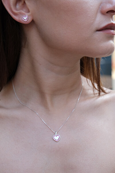Especial Silver KADIN/KIZ ÇOCUK MİNİ BOY 925 AYAR KALP KENARLARI PEMBE ZİRKON...