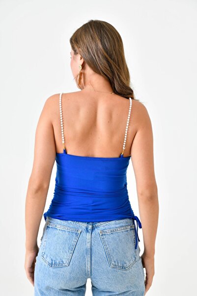 lovebox Sandy Fabric Beige Blouse - Pearl Strap, Drawstring Design 10436