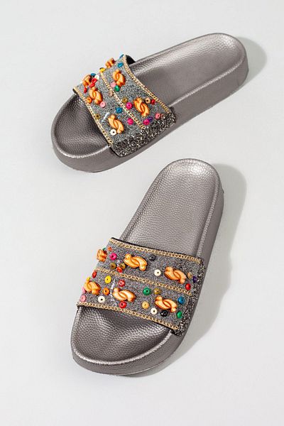 ShoesBag Papuci confortabili de zi cu zi pentru femei - Design ornamentat cu pietre și margele