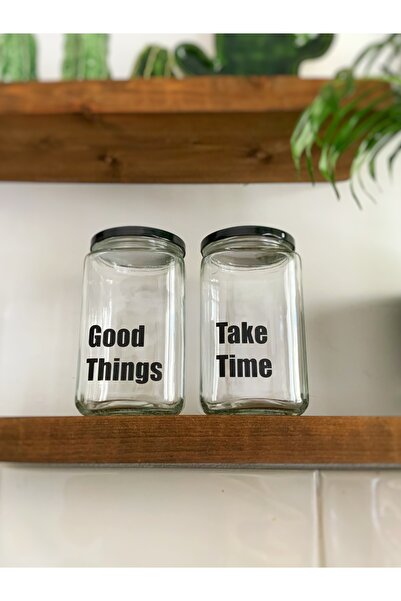 Atölye Merdiven Good thing take time  Cam 2li Dekoratif Erzak Kahve Çay Şeker Kavanozu 850 cc Dekoratif Kavanoz