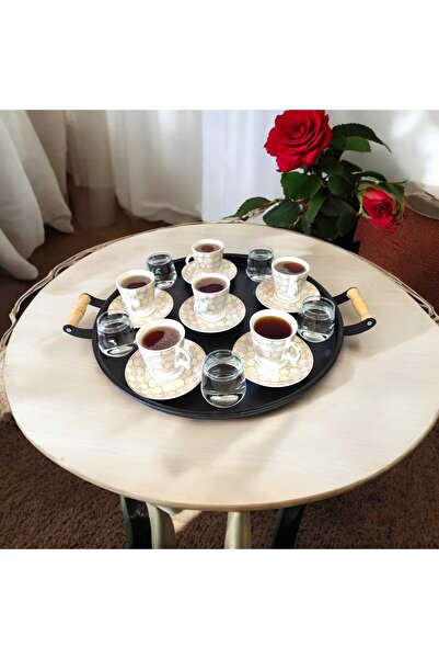 EceAksesuar Tepsi -Ahşap Kulplu Büyük Boy Metal Çay Tepsisi Kahve Tepsisi Sun...