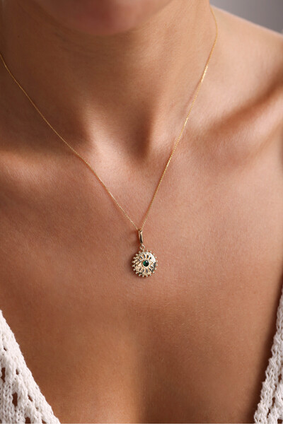 Gianfranco 14 Ayar Altın Yeşil Taşlı Göz Güneş Heritage Kilitli Charm Kolye Ucu