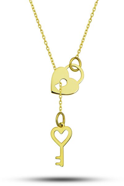 U ADİEU GOLD 14 Ayar Altın Taşsız Plaka Kalp Kilitli Ve Anahtarlı Şık Ve Anlamlı Tasarım Kadın Kolye