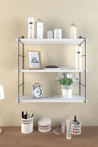 EVA METAL TASARIM Modern Büyük Boy 3 Katlı Duvar Rafı Beyaz
