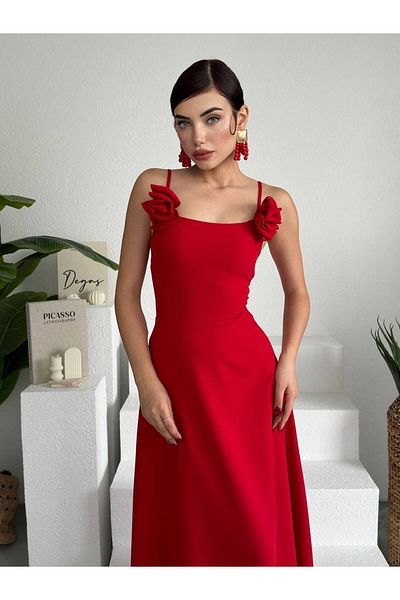 Secret Passion Lingerie Red Strapless Maxi Atlas Evening Dress with Rose Accessories - 258