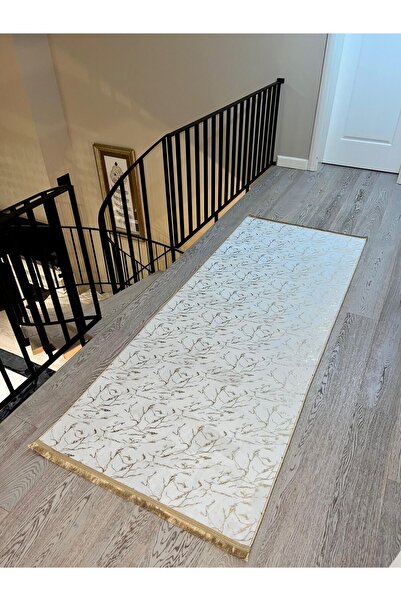 YTR HOME Bambu Yıkanabilir Kaymaz Oturma Odası Salon Halısı Beyaz Gold Simli Bambu Halı