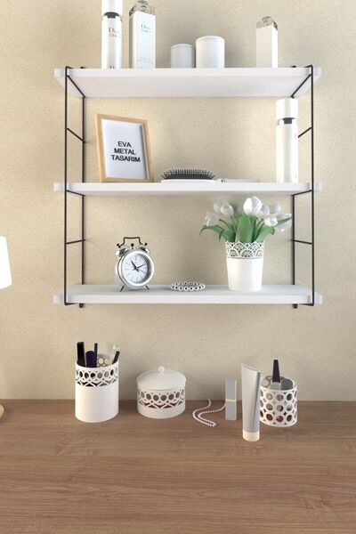 EVA METAL TASARIM Modern Büyük Boy 3 Katlı Duvar Rafı Beyaz