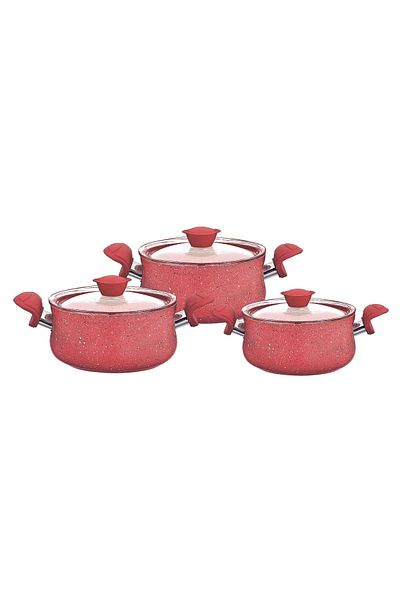 OMS 3027 Model - 6 Piece Ergonomic Biogranite Casserole Set, Red Body and Red Detailed