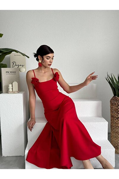 Secret Passion Lingerie Kırmızı Atlas Kumaş Straplez Yaka Gül Aksesuarlı Askılı Maxi Abiye Elbise 258
