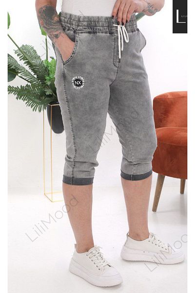 AKŞEN GİYİM Large Size Women's Capri Pants with High Waist and Lace Detail - Lycra and Jeweled Denim