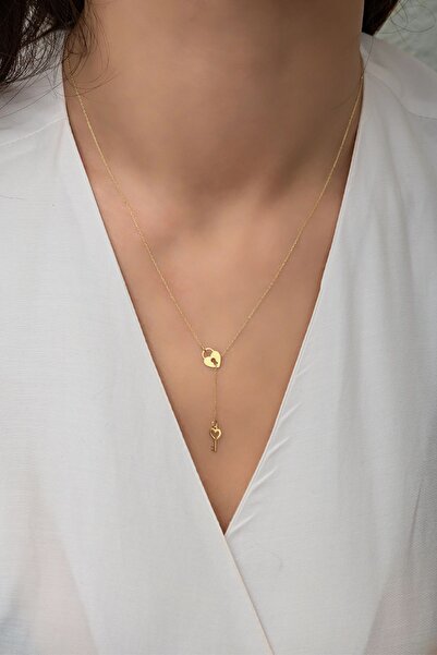 U ADİEU GOLD 14 Ayar Altın Taşsız Plaka Kalp Kilitli Ve Anahtarlı Şık Ve Anlamlı Tasarım Kadın Kolye