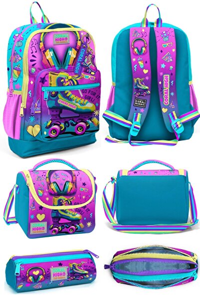 Coral High 23754Set - Pink Turquoise Patterned Headphone Skate School Backpac...