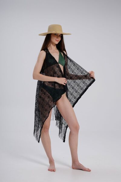 FASHİON DANTEL Women's Lace Pareo Vest Fast Drying Black