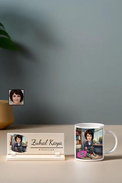 GIFTALI İsme Özel Psikolog Temalı Karikatürlü Masaüstü İsimlik Ve Kupa Bardak