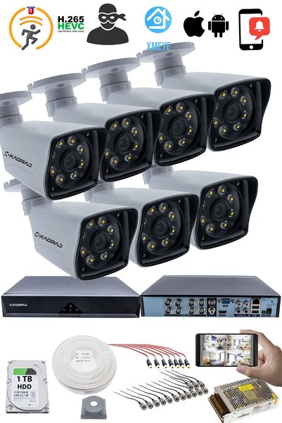 Kadraj 7'LI GÜVENLİK KAMERASI SETİ - 5MP Sony SecuLensli 1080p Full HD AHD, 8 Ultra Warm LED, Gece Renkli ,