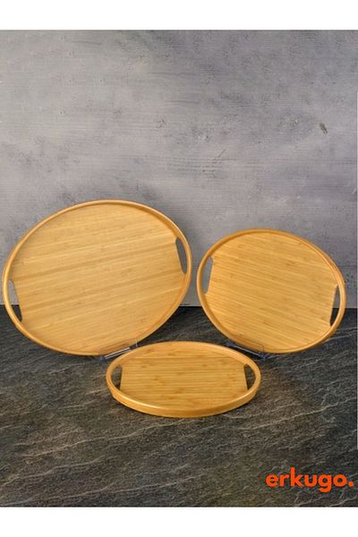 ERKUGO 3-Piece Bamboo Oval Tray - Serving and Scandinavian Tray Set, Tea Tray
