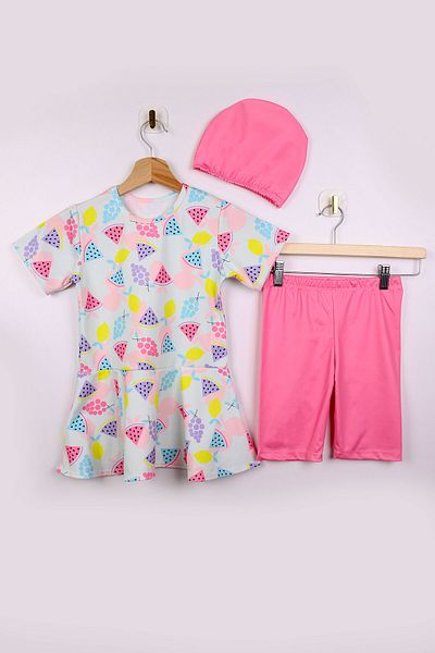 Beniizle Set de costume de baie din trei piese pentru fete, cu model pepene verde, fustă cu volan