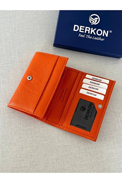 DERKON Mendy Model Useful Genuine Leather Medium Size Women's Wallet Orange Color