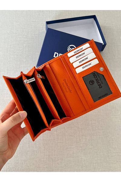 DERKON Mendy Model Useful Genuine Leather Medium Size Women's Wallet Orange Color