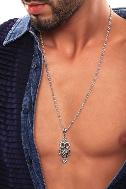 LABALABA Erkek Antik Gümüş Kaplama Baykuş Simge Uçlu Kolye