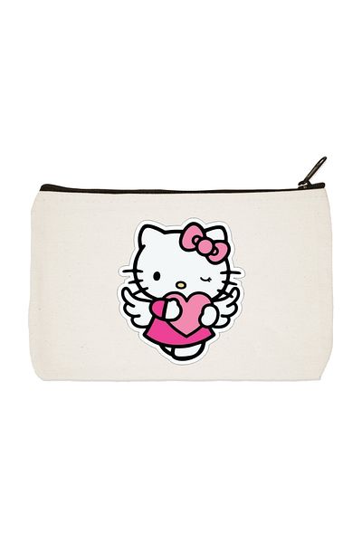 designedfy Hello Kitty Εκτυπωμένη - Αδιάβροχη Καρδιά Υφασμάτινη Τσάντα Μακιγιάζ, Σετ Στυλό και Πορτοφόλι