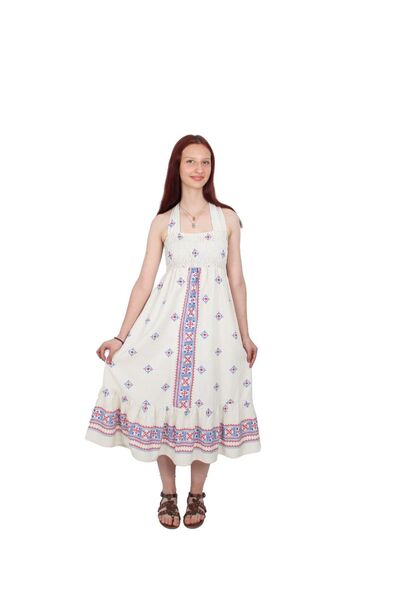 Güzin Fashion Ethnic Pattern Linen Dress