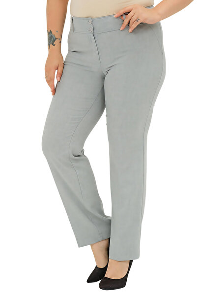 Hanezza Yüksek Bel Kadın Boru Paça Gri Kumaş Pantolon | Likralı | Pamuklu | Büyük Beden | Casual İş