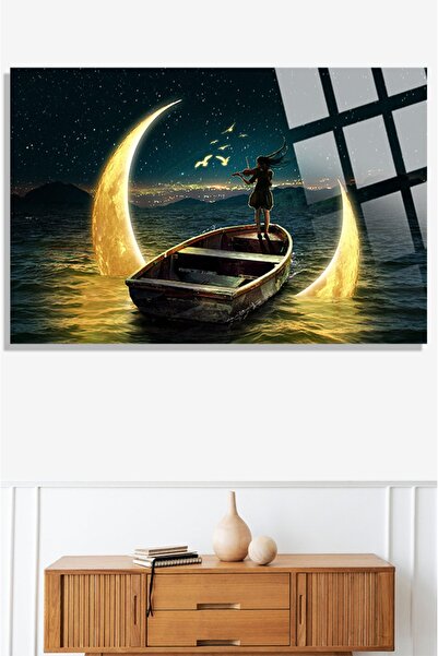 TAULART Pictură din sticlă cu vioară pe Lună, cadou pentru acasă și birou, pi...