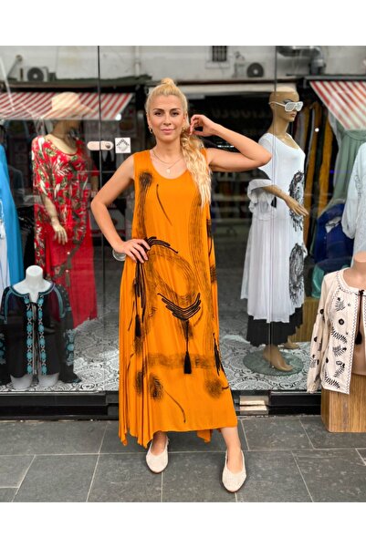 Sosyete Kaplumbağa Authentic Voile Cotton Embroidery and Handcrafted Mustard Yellow Maxi Dress