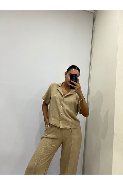 by-deryaaydin Beige Colored Linen Blended Loose Cut Trousers